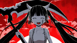  1girl :d ambiguous_red_liquid apocalypse_now_(vocaloid) blunt_bangs closed_eyes commentary cross dress facial_tattoo greyscale_with_colored_background hand_tattoo hand_up hatsune_miku highres holding holding_scythe horns long_hair medium_dress mini_person minigirl official_art open_mouth pinocchio-p red_background red_sky red_theme scythe sidelocks skirt_hold sky sleeveless sleeveless_dress smile tattoo torn_clothes torn_dress twintails very_long_hair vocaloid wading 