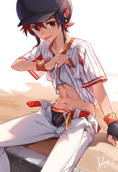  1boy bar_censor baseball_helmet bulge censored clothes_lift fingerless_gloves gloves helmet highres jersey koe_(mixpi) lifting_own_clothes male_focus open_pants original pants penis red_eyes red_hair shirt_lift shota sitting solo tongue tongue_out white_pants 