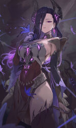  1girl armor bare_shoulders black_dress black_hair black_thighhighs breastplate breasts bug butterfly character_request colored_inner_hair detached_collar detached_sleeves dress duet_night_abyss earrings highres horns insect jewelry large_breasts long_hair looking_at_viewer multicolored_hair pelvic_curtain purple_eyes purple_hair serie_niai solo thighhighs thighs weapon 