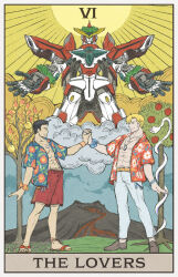  2boys abs ao_isami apple_tree black_hair blonde_hair bravern cloud couple dog_tags facial_hair floral_print flower_bracelet full_body hawaiian_shirt holding_hands lewis_smith male_focus mecha mountain multiple_boys muscular muscular_male open_clothes open_shirt outstretched_arms pants ppphaia666 red_shorts robot shirt short_hair shorts sideburns_stubble snake spread_arms stubble sun tarot tarot_(medium) the_lovers_(tarot) tree white_pants white_snake yaoi yuuki_bakuhatsu_bang_bravern 