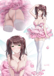  1girl ass breasts brown_hair butt_crack cleavage dress fairy_wings flower garter_belt garter_straps hair_flower hair_ornament haneru heart heart-shaped_pupils highres large_breasts multicolored_eyes multiple_views no_shoes original petals pink_dress ponytail sidelocks smile symbol-shaped_pupils thighhighs white_background white_thighhighs wings  rating:Sensitive score:99 user:danbooru
