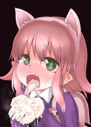  1girl after_fellatio animal_ears annie_(league_of_legends) backpack bag black_background blush cat_ears cum cum_in_mouth cum_on_hands cum_on_tongue cumdrip cupping_hands dress fake_animal_ears fangs female_focus green_eyes highres irodori_(irotoridori) league_of_legends loli looking_at_viewer open_mouth outstretched_hand own_hands_together pink_bag pink_hair pointy_ears purple_dress shirt shirt_under_dress sidelocks simple_background solo teeth tongue tongue_out upper_body upper_teeth_only white_shirt 