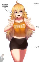  1boy 1girl ahoge alternate_breast_size bare_shoulders bike_shorts blonde_hair body_writing breasts cameltoe chris_hansen cowboy_shot english_text facing_viewer hair_between_eyes happy height highres lenny_face lies long_hair looking_at_viewer midriff navel rwby simple_background skindentation small_breasts smile standing tagme white_background yang_xiao_long  rating:Sensitive score:40 user:Colonelclusterfuck99