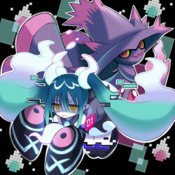  1girl bare_shoulders black_background commentary creatures_(company) crossover detached_sleeves dress eyelashes floating_hair game_freak gen_4_pokemon ghost_miku_(project_voltage) green_hair grey_dress hair_between_eyes hatsune_miku highres long_hair mismagius ms_misubaru_mk2 nintendo outline parted_lips pokemon pokemon_(creature) project_voltage sleeves_past_fingers sleeves_past_wrists twintails vocaloid yellow_eyes yellow_pupils 