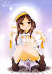 1girl absurdres bikini brown_hair cat exhibitionism highres legs_together long_hair looking_at_viewer micro_bikini open_clothes open_shirt partially_visible_vulva public_indecency school_uniform serafuku shirt solo squatting swimsuit translated wancho yellow_eyes rating:Questionable score:34 user:dogfin