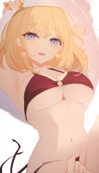  1girl armpits arms_up barefoot bikini blonde_hair blue_eyes breasts clothes_lift earrings eyelashes feet fingernails hair_between_eyes heart heart_earrings highres holly_(ruptonotty) hololive hololive_english jewelry large_breasts lifting_own_clothes light_blush long_fingernails looking_at_viewer lying medium_hair multicolored_eyes nail_polish navel o-ring o-ring_bikini o-ring_top on_back open_mouth orange_nails pink_eyes red_bikini shirt shirt_lift solo stomach string_bikini swimsuit teeth toes underboob untied_bikini upper_teeth_only virtual_youtuber watson_amelia white_shirt 