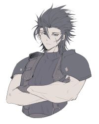  1boy absolute_newb absurdres armor belt black_hair brown_gloves crisis_core_final_fantasy_vii cropped_torso cross_scar crossed_arms facial_scar final_fantasy final_fantasy_vii flat_color gloves grey_eyes hair_slicked_back highres long_hair looking_at_viewer male_focus muscular muscular_male muted_color pauldrons scar scar_on_cheek scar_on_face shoulder_armor simple_background sleeveless sleeveless_sweater sleeveless_turtleneck solo suspenders sweater turtleneck turtleneck_sweater unamused upper_body white_background zack_fair 