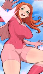  afrobull atom_eve breasts flying green_eyes highres invincible_(series) large_breasts long_eyelashes navel red_hair skin_tight smile teeth thick_thighs thighs  rating:Questionable score:23 user:R4T