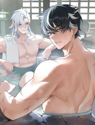  2boys bathing black_hair blue_eyes blue_hair blush closed_eyes collarbone commentary earrings from_behind genshin_impact grey_hair hair_between_eyes highres jewelry lantern long_hair looking_at_viewer looking_back male_focus multicolored_hair multiple_boys multiple_scars muscular muscular_male neuvillette_(genshin_impact) onsen parted_bangs parted_lips partially_submerged pectorals pointy_ears rock scar scar_on_arm scar_on_back shared_bathing short_hair shouji sliding_doors solcha stone_lantern streaked_hair stud_earrings symbol-only_commentary topless_male towel towel_on_one_shoulder water wet white_hair wriothesley_(genshin_impact) 