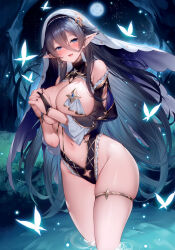  1girl absurdres bare_shoulders black_hair blue_eyes blush breasts bug butterfly detached_sleeves earrings elf fingernails frills full_moon habit highleg highleg_leotard highres insect interlocked_fingers jewelry large_breasts leotard long_hair looking_at_viewer moon nail_polish navel night night_sky nun open_mouth original outdoors own_hands_together partially_submerged pasties pointy_ears revealing_clothes scan shiny_skin simple_background sky smile solo sora_72-iro star_(sky) starry_sky stomach thigh_strap thighs water  rating:Questionable score:34 user:danbooru
