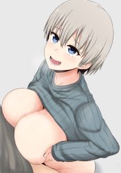 1girl blue_eyes bottomless breasts breasts_out commentary_request cum cum_on_body cum_on_breasts cum_on_upper_body ejaculation_between_breasts hair_between_eyes hetero highres large_breasts long_sleeves naozuri no_bra open_mouth paizuri perpendicular_paizuri short_hair silver_hair smile solo_focus sweater uzaki-chan_wa_asobitai! uzaki_hana rating:Explicit score:93 user:danbooru