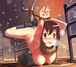 1girl arched_back ass bad_id bad_pixiv_id bdsm blush bondage bound breasts breath brown_eyes brown_hair bus_stop cold exhibitionism feet female_focus hanging_breasts harepore humiliation large_breasts naked_scarf nipples nude plaid plaid_scarf public_indecency rope scarf shibari snow socks solo steam suspension rating:Questionable score:209 user:danbooru