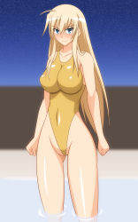  blonde_hair blush breasts genzaburoh green_eyes hanna-justina_marseille highres large_breasts long_hair one-piece_swimsuit strike_witches swimsuit world_witches_series  rating:Questionable score:17 user:Lizarusho