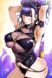 1girl absurdres armlet armpits arms_behind_head arms_up black_one-piece_swimsuit blush bottomless breasts commentary_request covered_navel excessive_pubic_hair fate/grand_order fate_(series) female_pubic_hair gloves gold_trim hair_pulled_back hair_up half_gloves hero_neisan highleg highleg_swimsuit highres huge_breasts huge_filesize looking_at_viewer murasaki_shikibu_(fate) murasaki_shikibu_(swimsuit_rider)_(fate) murasaki_shikibu_(swimsuit_rider)_(first_ascension)_(fate) one-piece_swimsuit oversized_object pubic_hair purple_eyes purple_hair single_thighhigh skindentation smile solo sparkle sweat swimsuit thighhighs thighs underboob rating:Questionable score:147 user:danbooru