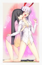 2girls animal_ears bare_legs black_eyes black_hair blush bra grabbing_another&#039;s_breast breasts cleavage collarbone dress_shirt embarrassed female_focus from_behind grabbing hime_cut houraisan_kaguya japanese_clothes kaiza_(rider000) kneeling legs licking long_hair long_sleeves looking_at_viewer moaning multiple_girls naughty_face no_pants one_eye_closed open_clothes open_mouth panties purple_hair rabbit_ears red_eyes reisen_udongein_inaba revision shirt shy silver_hair sparkle sweat sweatdrop tongue torso_grab touhou underwear very_long_hair wide_sleeves wince yuri rating:Explicit score:34 user:danbooru