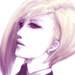  1990s_(style) 1girl blonde_hair earrings elena_(ff7) female_focus final_fantasy final_fantasy_vii hair_over_one_eye jewelry long_hair lowres makusuke pale_skin red_eyes solo white_background 