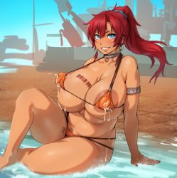 1girl areola_slip armband armpit_hair barefoot bellows_(suisei_no_gargantia) bikini blue_eyes blush breasts cameltoe choker covered_erect_nipples curvy earrings female_focus female_pubic_hair hair_between_eyes happy_trail huge_breasts jewelry kunaboto lactation lactation_through_clothes large_areolae long_hair looking_at_viewer micro_bikini navel necklace nipples parted_lips plump ponytail pubic_hair puffy_nipples red_hair shiny_skin sitting sky smile solo suisei_no_gargantia swimsuit tattoo thick_thighs thighs undersized_clothes water wide_hips rating:Questionable score:237 user:Nemm