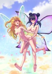 1futa 1girl black_hair blonde_hair blush breasts completely_nude copyright_request cum cum_in_pussy day double_bun fairy fairy_wings feet flying full_body futa_with_female futanari hair_bun highres medium_breasts multicolored_hair multiple_girls navel nude nzz open_mouth outdoors purple_eyes purple_hair sex sex_from_behind small_breasts two-tone_hair two_side_up wings yellow_eyes rating:Explicit score:81 user:danbooru
