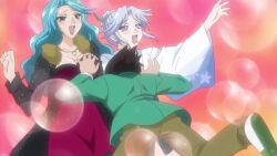 accidental_touch animated anime_screenshot aono_tsukune audible_speech black_coat blue_hair blush breasts breasts_squeezed_together candy coat demon_girl dress english_audio food fur_trim groping_breast happy japanese_clothes jewelry kimono kurono_ageha large_breasts light_purple_hair lollipop mature_female mothers red_dress rosario+vampire rosario+vampire_capu2 sexually_aroused shirayuki_tsurara sound sparkling_clothes squish_sounds tackled video white_kimono yuki_onna