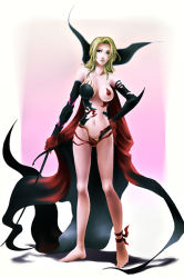  1990s_(style) 1girl barefoot blonde_hair breasts celes_chere cloak cloud_of_darkness cloud_of_darkness_(cosplay) cosplay dissidia_final_fantasy elbow_gloves final_fantasy final_fantasy_iii final_fantasy_vi gloves long_hair midriff navel pasties retro_artstyle solo sword tokiya_yuki weapon 