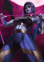  1girl abs absurdres bandaged_arm bandages bat_wings ear_piercing eyebrow_piercing from_below hades_(series) highres holding holding_whip leggings long_hair looking_at_viewer looking_down megaera_(hades) midriff monori_rogue nail_polish nose_piercing nose_ring piercing purple_hair purple_nails solo standing toned toned_female usekh_collar whip wings  rating:Sensitive score:2 user:danbooru