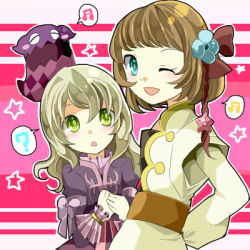 2girls blue_eyes brown_hair elize_lutus green_eyes leia_rolando long_hair lowres multiple_girls one_eye_closed open_mouth short_hair striped striped_background tales_of_(series) tales_of_xillia teepo_(tales) wink rating:Sensitive score:0 user:wereAR