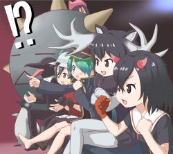  !? 1boy 5girls :d animal_ear_fluff animal_ears antlers barefoot bird black_background black_coat black_footwear black_gloves black_hair black_pants black_shirt black_skirt blue_background brown_eyes brown_footwear butsumetsu_(irodori) clenched_hand clenched_hands coat commentary_request couch creator_connection crossed_arms death_metal_sayaka death_metal_sayaka_to_butsumetsu gaijin_4koma_(meme) gloves green_eyes green_hair grey_eyes grey_thighhighs hair_between_eyes hair_over_one_eye hat hat_feather helmet hentatsu horns irodori_(irodoriginal) kaban_(kemono_friends) keifuku-san keifuku_(tatsuki) kemono_friends kemurikusa light_blush long_hair looking_to_the_side meme moose_(kemono_friends) multicolored_background multiple_girls oni_(hentatsu) oni_horns open_mouth pants peaked_cap penguin pith_helmet pointing real_life red_background red_gloves red_horns red_pupils red_shirt shirt shoes short_hair single_glove sitting skirt smile tamagoya tatsuki_(person) thighhighs white_headwear 