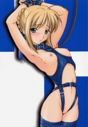 00s 1girl abstract_background alternate_costume armpits artoria_pendragon_(all) artoria_pendragon_(fate) bdsm blonde_hair blue_eyes bondage bound breastless_clothes breasts collar crotchless crotchless_panties cuffs fate/stay_night fate_(series) framed_breasts handcuffs harness leash lowres nipples panties pussy revealing_clothes saber_(fate) slave small_breasts solo thighhighs underwear rating:Explicit score:51 user:danbooru