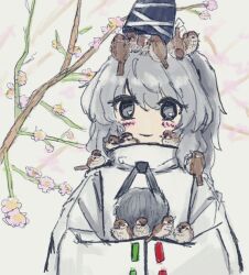  1girl animal animal_on_head animal_on_shoulder bird bird_on_hand bird_on_head bird_on_shoulder blush cherry_blossoms cloak grey_eyes grey_hair hands_in_opposite_sleeves hat high_collar japanese_clothes kariginu looking_at_viewer mononobe_no_futo neck_ribbon on_head ribbon ribbon-trimmed_sleeves ribbon_trim rituzou210 sketch smile solo sparrow straight-on tate_eboshi touhou upper_body white_cloak 