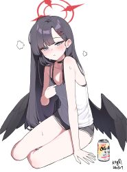  1girl artist_name beer_can black_bra black_hair black_shorts black_wings blue_archive blush bra breasts camisole can cleavage dated dolphin_shorts drink_can grey_camisole grey_eyes hair_ornament hairclip halo highres ichika_(blue_archive) long_hair looking_at_viewer medium_breasts myeolchi parted_lips red_halo shorts signature simple_background solo underwear white_background wings 