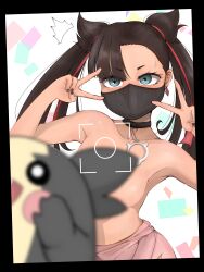  1girl absurdres black_border black_choker black_hair blurry border breasts choker clothes_pull convenient_censoring creatures_(company) depth_of_field double_v dress dress_pull earrings game_freak gen_8_pokemon green_eyes hair_ribbon highres jewelry looking_at_viewer marnie_(pokemon) mask medium_breasts morpeko morpeko_(full) mouth_mask nintendo peba pink_dress pokemon pokemon_(creature) pokemon_swsh ribbon sweatdrop topless twintails v viewfinder 