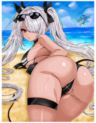  1girl 2023 armpit_crease ass beach bikini black_bikini black_choker black_gloves black_ribbon blue_archive blue_sky blush breasts cameltoe choker closed_mouth commentary covered_erect_nipples dark-skinned_female dark_skin dated day demon_girl demon_tail eyelashes eyewear_on_head from_behind frown gloves grey_hair hair_intakes hair_over_one_eye hair_ribbon hair_spread_out highres iori_(blue_archive) large_breasts lips long_bangs long_hair looking_at_viewer looking_back lying ocean on_side outdoors partially_visible_vulva pointy_ears red_eyes ribbon sideboob signature skindentation sky solo sunglasses sunlight swimsuit taichi993 tail thigh_gap thigh_strap thighs top-down_bottom-up tsurime twintails very_long_hair 