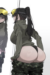  1girl ass black_hair black_panties breasts camouflage camouflage_pants clothes_pull eyewear_on_head highres inconvenient_ass jacket large_breasts long_hair long_sleeves mimyo mirror original panties pants pants_pull ponytail solo turtleneck turtleneck_jacket underwear white_background 