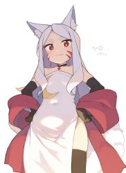  1girl :3 absurdres animal_ear_fluff animal_ears bad_id bad_twitter_id bare_shoulders black_choker black_hair black_thighhighs character_name choker cloba collarbone commentary_request covered_navel dress elbow_gloves facial_mark fox_ears fox_tail gloves hands_on_own_hips highres inactive_account long_hair looking_at_viewer red_eyes sewayaki_kitsune_no_senko-san shawl shiro_(sewayaki_kitsune_no_senko-san) side_slit signature simple_background smile smug solo strapless strapless_dress tail thighhighs whisker_markings white_background white_dress white_hair  rating:Sensitive score:59 user:danbooru
