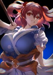  1girl absurdres black_background blueray breasts cleavage coin commentary_request highres huge_breasts looking_at_viewer obi onozuka_komachi red_eyes red_hair sash short_hair smile solo touhou two_side_up u_u_zan_(style)  rating:Sensitive score:3 user:azezizozuz