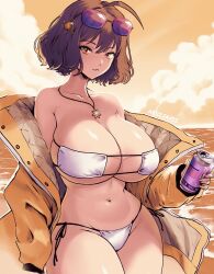  1girl ahoge anis_(nikke) anis_(sparkling_summer)_(nikke) artist_name aviator_sunglasses bikini breasts brown_hair can closed_mouth cloud commentary drink_can english_commentary eyepatch_bikini eyewear_on_head goddess_of_victory:_nikke highres holding holding_can huge_breasts jacket jewelry light_smile long_sleeves looking_at_viewer miss_faves navel necklace ocean off_shoulder official_alternate_costume open_clothes open_jacket orange_sky outdoors short_hair side-tie_bikini_bottom sky soda_can solo star_(symbol) star_necklace sunglasses swimsuit tinted_eyewear white_bikini yellow_eyes yellow_jacket  rating:Sensitive score:57 user:danbooru