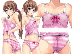  1girl ass bare_shoulders blue_eyes blush breasts brown_hair cameltoe camisole character_sheet cleft_of_venus close-up collarbone darashinai_imouto_ni_itazura_shitemita from_behind from_below hair_bobbles hair_ornament head_out_of_frame highres hot john_doe_shinobu loli long_hair looking_back low_twintails midriff navel nipples no_bra open_mouth panties pink_panties ribbon see-through simple_background small_breasts solo standing striped_clothes striped_panties sweat twintails underwear wet wet_clothes wet_panties white_background  rating:Questionable score:506 user:huzzaman