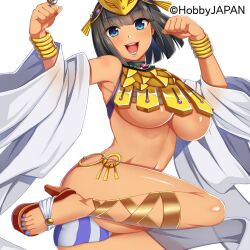  1girl ad ancient_princess_menace armpits ass bangle bare_shoulders black_hair blue_eyes blue_nails blue_panties blue_stripes blunt_bangs blunt_ends blush bracelet breasts clenched_hands copyright_notice crown detached_sleeves egyptian egyptian_clothes feet gold groin headpiece high_heels hobbyjapan jewelry large_breasts linea_alba loincloth looking_at_viewer menace_(queen&#039;s_blade) menace_(queen&#039;s_blade_unlimited) menace_(queen's_blade) midair navel o-ring o-ring_bottom official_art open_mouth panties queen&#039;s_blade queen&#039;s_blade_unlimited queen&#039;s_blade_white_triangle revealing_clothes ring sandals shiny_skin short_hair smile solo sparkle stomach striped_clothes striped_panties teeth thighs toes tongue underboob underwear white_background white_panties 