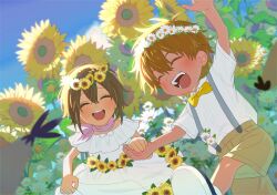 1boy 1girl closed_eyes digimon flower patamon smile sunflower tailmon takaishi_takeru yagami_hikari