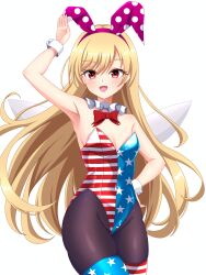  1girl absurdres adapted_costume american_flag american_flag_legwear american_flag_print animal_ears black_pantyhose blonde_hair bow bowtie cipher_(user_watm8555) clownpiece cowboy_shot detached_collar fairy_wings flag_print green_eyes highres leotard long_hair pantyhose playboy_bunny rabbit_ears red_leotard simple_background solo strapless strapless_leotard thighhighs touhou white_background wings wrist_cuffs 