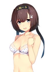  1girl :o akizuki_(kancolle) alternate_hair_length alternate_hairstyle bare_arms bare_shoulders blue_eyes bra breasts brown_hair cleavage clothes_writing collarbone cosplay d: gin00 hair_ornament hairband highres kantai_collection kono_bijutsubu_niwa_mondai_ga_aru! medium_breasts open_mouth polka_dot polka_dot_bra rabbit_hair_ornament round_teeth shiny_skin short_hair simple_background solo tareme teeth underwear underwear_only upper_body usami_mizuki usami_mizuki_(cosplay) voice_actor_connection white_background  rating:Questionable score:39 user:danbooru