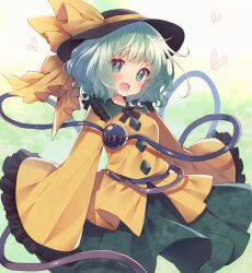  1girl aqua_hair black_hat blue_eyes blue_pupils blush bow breasts buttons collar collared_shirt commentary_request cropped_legs diamond_button fang frilled_shirt_collar frilled_sleeves frills green_background green_collar green_skirt happy hat hat_bow heart heart_of_string highres komeiji_koishi long_sleeves looking_at_viewer medium_hair miniskirt open_mouth pleated_skirt shirt simple_background skin_fang skirt sleeves_past_fingers sleeves_past_wrists small_breasts smile solo stitched_eye third_eye touhou usamata wide_sleeves yellow_bow yellow_shirt yellow_sleeves 