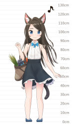  1girl absurdres aina_(mao_lian) animal_ear_fluff animal_ears bag bare_arms bare_shoulders black_skirt blue_bow blue_bowtie blue_eyes blue_footwear blush bow bowtie brown_hair cat_ears cat_tail closed_mouth collared_shirt full_body height_chart high-waist_skirt highres long_hair looking_at_viewer mao_lian_(nekokao) musical_note original pigeon-toed shirt shoes skirt sleeveless sleeveless_shirt smile solo standing tail white_shirt wind wind_lift wing_collar  rating:Sensitive score:3 user:danbooru