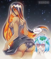  2girls artist_name ass ass_awe aunty_black bad_id bad_twitter_id bare_shoulders black_hair black_sclera blackhole-chan blue_hair blush breasts colored_sclera commentary cowboy_shot cropped_legs dark-skinned_female dark_skin dat_ass_(meme) dress earth-chan english_text from_behind grand_prix_richmond_crackstyle_(meme) green_hair grin hair_over_one_eye highres long_hair looking_at_another looking_back looking_down m87_black_hole meme multicolored_hair multiple_girls niandni one_eye_covered open_mouth orange_eyes orange_hair original outline own_hands_together panties pun shirt short_hair sideboob sleeveless sleeveless_dress sleeveless_shirt small_breasts smile space sparkle speech_bubble star_(sky) star_(symbol) steepled_fingers straight_hair sunglasses text_focus two-tone_hair underwear very_long_hair 