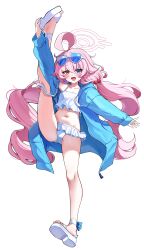  1girl :d absurdres blue_archive blue_eyes full_body heterochromia highres hoshino_(blue_archive) hoshino_(swimsuit)_(blue_archive) kneepits looking_at_viewer navel open_mouth pink_hair sak_(lemondisk) simple_background smile solo split standing standing_on_one_leg standing_split swimsuit white_background yellow_eyes 