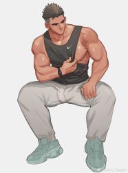  1boy bara black_tank_top clothes_pull full_body grey_pants highres large_pectorals long_sideburns looking_to_the_side male_focus muscular muscular_male nike_(company) nipples original pants pectorals pulled_by_self shirt_pull short_hair sideburns sidepec sneaker solo tank_top thick_eyebrows track_pants white_background youchi123 