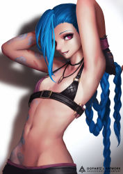  1girl armpits blue_hair braid breasts bullet flat_chest gloves gradient_background hair_over_one_eye highres jinx_(league_of_legends) league_of_legends long_hair navel oopartz_yang pink_eyes small_breasts smile solo tattoo twin_braids very_long_hair  rating:Sensitive score:185 user:danbooru