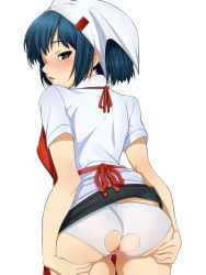  10s 1girl anus ass ass_grab blue_hair blush brown_eyes crotchless crotchless_panties from_behind grabbing_own_ass hidekichi_(09075470338) highres looking_back nakamura_aika panties persona persona_4 persona_4_the_animation pussy simple_background symbol-shaped_pupils tagme uncensored underwear 