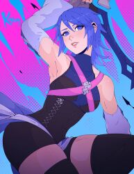  1girl aqua_(kingdom_hearts) arm_up bare_shoulders bike_shorts black_thighhighs blue_eyes blue_hair breasts covered_navel criss-cross_straps detached_sleeves fingerless_gloves from_below gloves halftone high_collar highres holding holding_sword holding_weapon kingdom_hearts koyorin looking_at_viewer medium_breasts parted_lips skindentation sleeveless solo sword thighhighs thighs weapon 