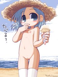  beach blue_eyes blue_hair blush casual_nudity cleft_of_venus flat_chest food hat ice_cream ikkyuu loli nipples nude pussy straw_hat sun_hat sweat thigh_gap thighhighs uncensored  rating:Explicit score:36 user:Tom23